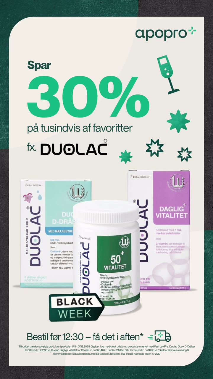 Vertical Apopro Black Week ad: two Duolac packs swing in one after the other on a cream card, then the offer lands, "Spar 30% på tusindvis af favoritter", with a Black Week badge and the evening-delivery line.