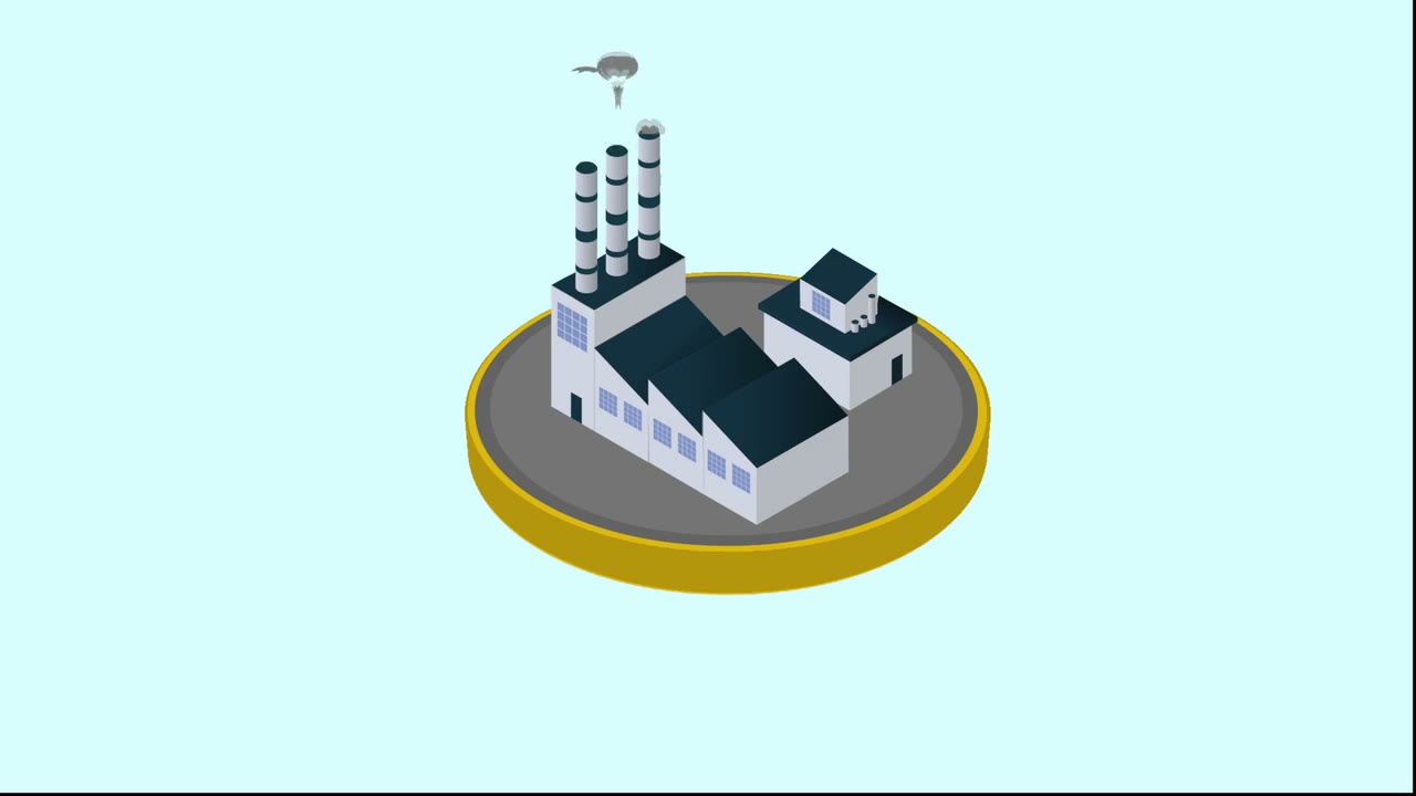 Isometric animation: a Danish 20-krone coin spins into a platform, a small house appears on it, then a smoking factory whose smog turns the pale blue sky grey.