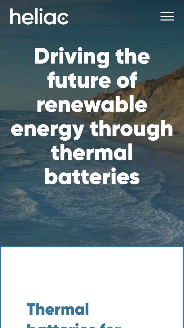 Heliac's mobile website scrolling: "Driving the future of renewable energy through thermal batteries" in white over a coastline at dusk, then white content cards below.