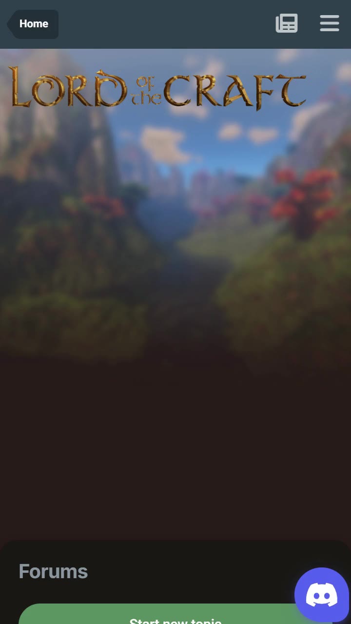 Lord of the Craft's forums on mobile, scrolling: the gilded "Lord of the Craft" logotype over a painted fantasy landscape, then forum categories under bronze headers (Off Topic, Archives) and the latest topics.